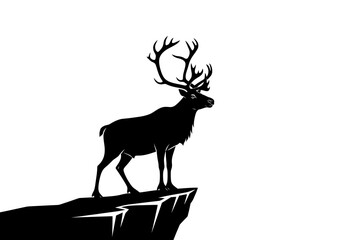 Silhouette of a reindeer standing on a cliff isolated on white background