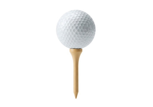 White dimpled golf ball sitting perfectly on a wooden tee ready to play. Isolated on transparent background, png