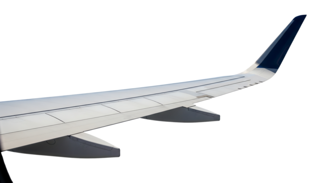 View of a commercial airplane wing with a blue winglet from a window. Isolated on transparent background, png