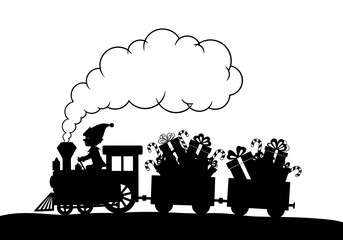 An elf is driving a train full of gifts and candy canes isolated on white background