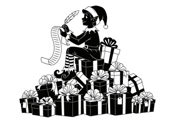 An elf is sitting on a pile of gifts and writing on a list isolated on white background