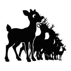Group of reindeer isolated on white background in black silhouette design