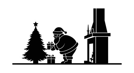 Santa placing gifts by the christmas tree isolated on white background