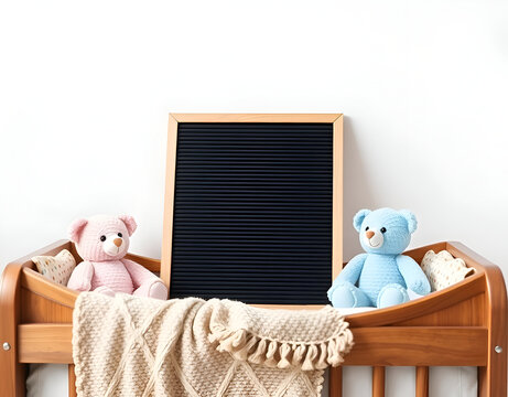 Baby Crib Announcement with Teddy Bears and Blank Letter Board
