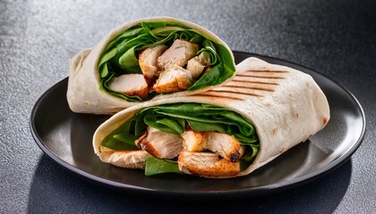 delicious protein wrap with grilled chicken and fresh spinach on dark plate