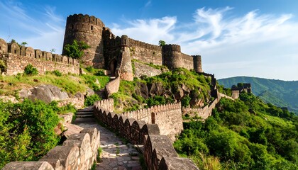 Ancient fortress atop a hill under a vibrant sky