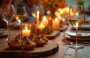 Warm autumn dinner party with friends. Elegant table setting with wine glasses, candles, and delicious appetizers. Soft light and bokeh create a cozy, inviting atmosphere for celebration and dining.