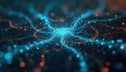 Abstract digital background with glowing blue, orange particles forming intricate network connections. Represents futuristic technology, AI, data transfer, cyber security, complex systems with