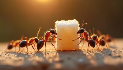 Macro shot of red, black ants collaborating to carry sugar cube in warm, natural environment. Image emphasizes teamwork, strength, collective effort of colony. Ants demonstrate immense power for