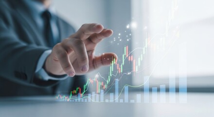 Business professional analyzes financial growth chart with digital interface.