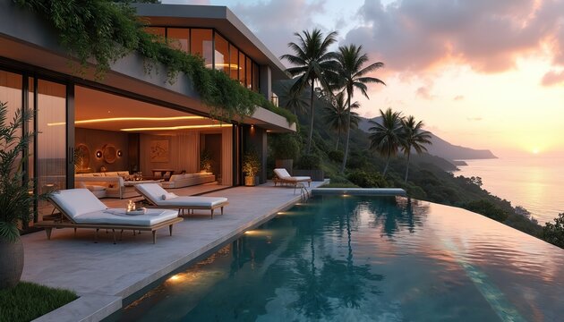 Luxury modern villa features infinity pool overlooking tropical coastline at sunset. Contemporary architecture blends with lush plants, offering stunning ocean views from spacious terrace.