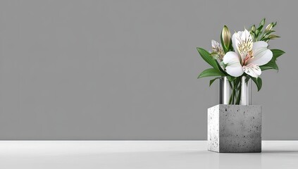 A bouquet of alstroemeria in a clear glass vase on a concrete cube.