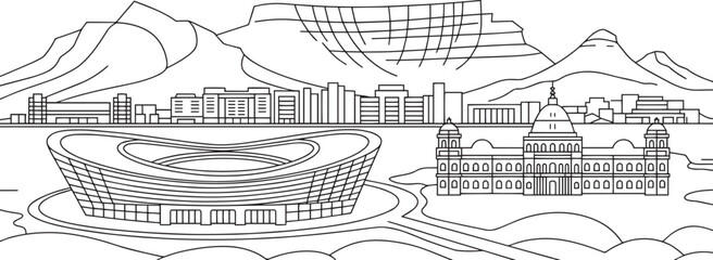 Fototapeta premium Cape Town Skyline Outline Vector Illustration with Table Mountain and Stadium on Transparent