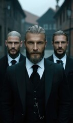 Fototapeta premium Three sharply dressed men with beards are strolling through a narrow alleyway. The foggy surroundings create a tense but intriguing atmosphere as they exude confidence and style
