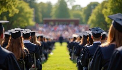 Graduates in caps, gowns seated in rows on chairs. Academic achievement recognized in formal ceremony. Red stage curtain background. Low-angle shot looking up at graduates, conveying grandeur, pride.