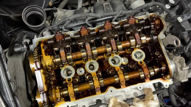 Slow motion video of car engine cylinder head showing camshafts and valve springs 