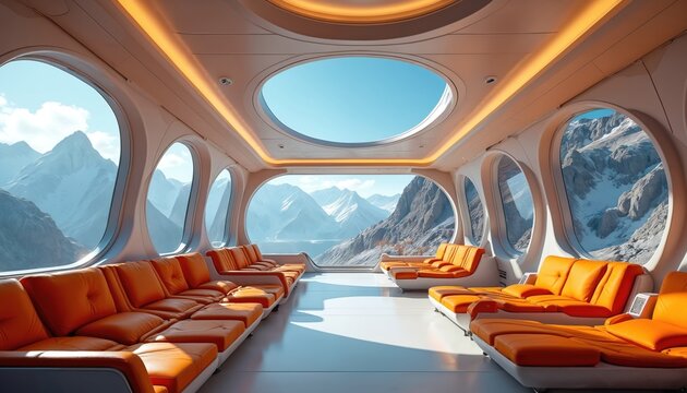 Interior of futuristic spaceship featuring sleek white design, comfortable orange seating. Panoramic windows offer breathtaking views of snow-capped mountains, serene lake. Advanced technology,