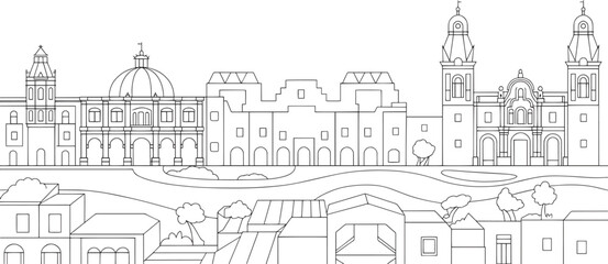 Obraz premium Detailed Line Art of a Colonial Cityscape with Dome and Traditional Buildings Outline