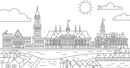 Obraz premium Detailed Line Art of a European Cityscape with River, Clouds, and Sun in Vector Format for Design