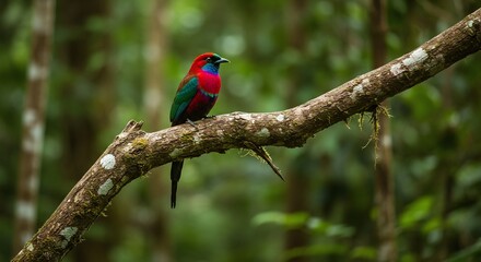 Vibrant Crimson-and-Green Tanager Perched on a Branch in a Lush Rainforest