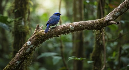 Vibrant Indigo Bird Perched on Mossy Branch Exploring Wildlife in the Forest Canopy - Nature Photography and Birdwatching Concepts. (145 characters)