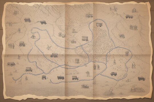Discover vintage expedition routes on this detailed hand-drawn map featuring wagons, settlements, and mountainous terrain, perfect for historical projects.
