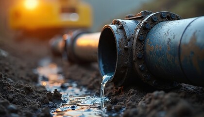 Damaged pipeline connection point shows severe infrastructure degradation. Corroded metal pipes leak fluid onto the dirty ground. This requires urgent repair and maintenance for water systems.