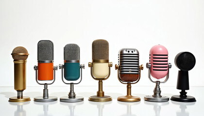 Collection of diverse vintage microphones lined up, featuring gold, orange, teal, cream, silver, pink, black models. Retro sound capture devices perfect for audio recording, broadcasting, podcasting,