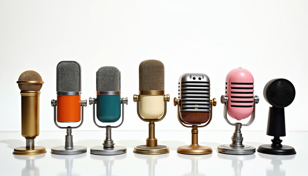 Collection of diverse vintage microphones lined up, featuring gold, orange, teal, cream, silver, pink, black models. Retro sound capture devices perfect for audio recording, broadcasting, podcasting,
