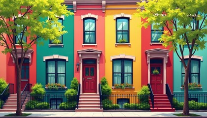 Obraz premium Vibrant row houses illustration. Colorful facades in red, green, yellow, and blue tones line a city street. Springtime foliage on green trees and bushes adds life to the urban scene.