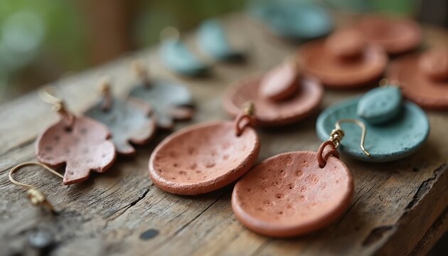 Handmade clay earrings displayed on rustic wood. Featuring artisanal craftsmanship with textured, earthy tones like terracotta, teal. Unique, small business jewelry pieces offer touch of boho style,