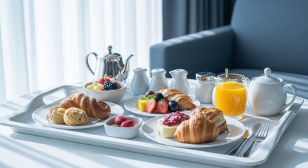 Luxurious Breakfast Tray with Pastries and Fresh Fruit