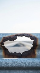 Fototapeta premium Rusted Metal Pipe Frames Serene Water View