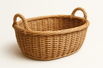 Fototapeta premium Empty wicker basket with two handles standing on white background