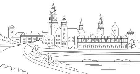 Obraz premium Detailed Linear Skyline of a Castle Town with River and Trees on a Transparent Backdrop