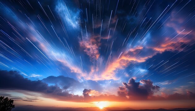vibrant cosmic explosion illuminates a clouded sky at dusk showcasing the beauty of the universe