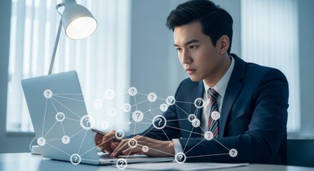 Focused professional analyzes data network with questioning interface.