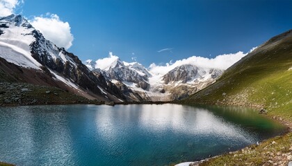 mountain lake nestled amongst snowy peaks
