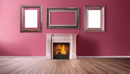pink room with fireplace and empty frames