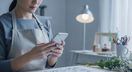 Creative woman using smartphone at floral workspace.