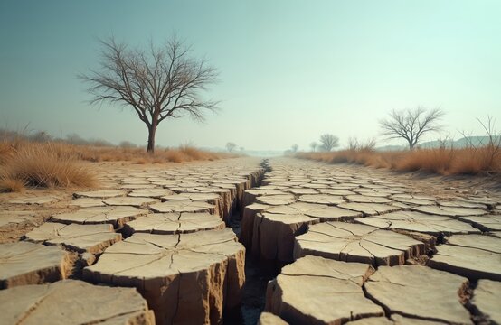 Cracked earth reveals drought in parched landscape under hazy sky. Sparse vegetation, lonely trees struggle for survival in arid climate. Environmental disaster scene with dry grass and barren ground.