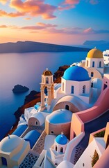 Iconic white and blue buildings of Santorini, Greece, overlooking the Aegean Sea at sunset.