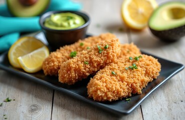 Golden brown coconut crusted chicken tenders served with creamy avocado dip, fresh lemon wedges. Crispy, crunchy chicken pieces offer delicious homemade flavor, perfect for savory finger food dinner.