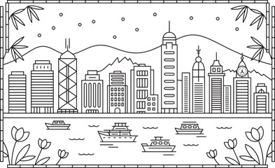 Obraz premium Hong Kong City Skyline Linear Silhouette with Landmark Buildings and Cityscape Outline Design