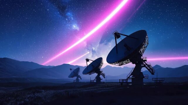 silhouette of radio telescopes with parabolic dish antennas on night sky background