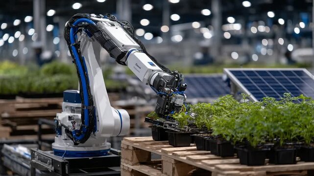 An industrial robot efficiently stacks compostable food containers in a sustainable packaging factory featuring LED lighting and solar panels.