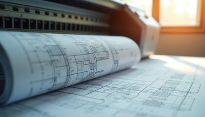 Close-up on roll of architectural plans printed by large format plotter. Technical drawings display intricate details, precise lines, ideal for engineering, construction projects. Modern office