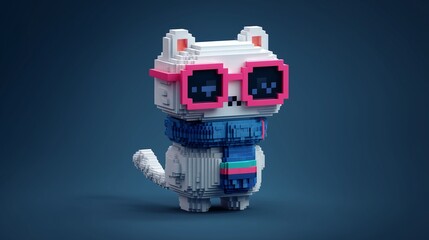 Adorable Voxel Cat in Winter Scarf and Sunglasses 3D Render