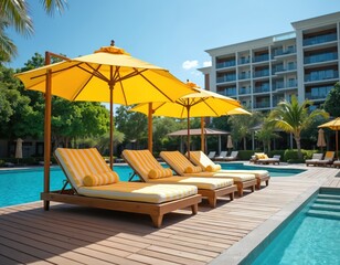 Four wooden daybed lounge chairs with yellow striped cushions, umbrellas sit on wooden deck beside bright blue swimming pool. Modern hotel building visible in background, surrounded by rich green