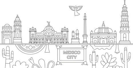 Fototapeta premium Mexico City Skyline Linear Style Vector Illustration with Buildings and Landmarks Design